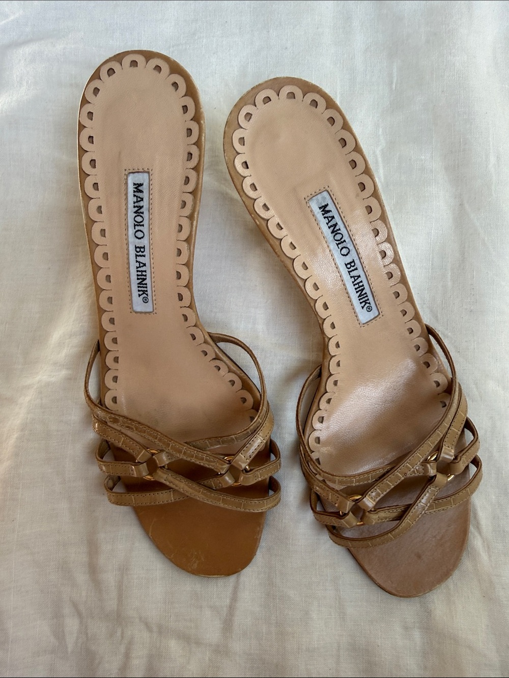 Manolo Blahnik Vintage Beige Strappy Kitten Heel Mules - Picture 4 of 5
